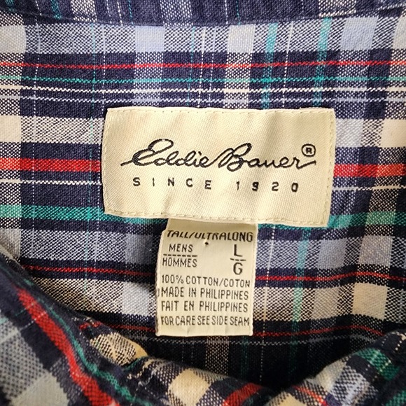 Eddie Bauer Mens L Tall Ultralong Plaid Button Up Shirt Thick Cotton Blend - Picture 3 of 8